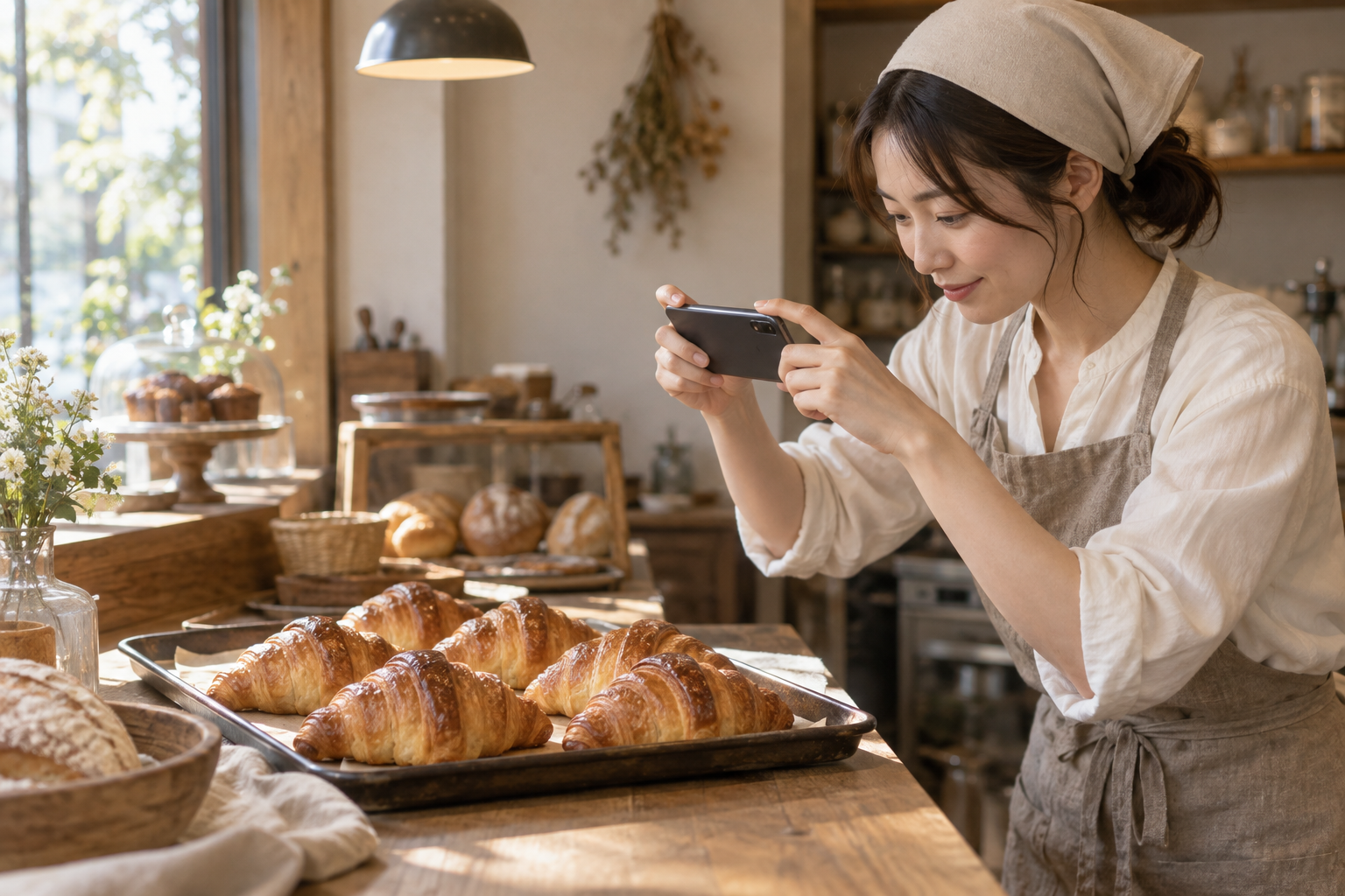 三角巾とエプロン姿でパンをスマートフォン撮影する女性のイメージ
