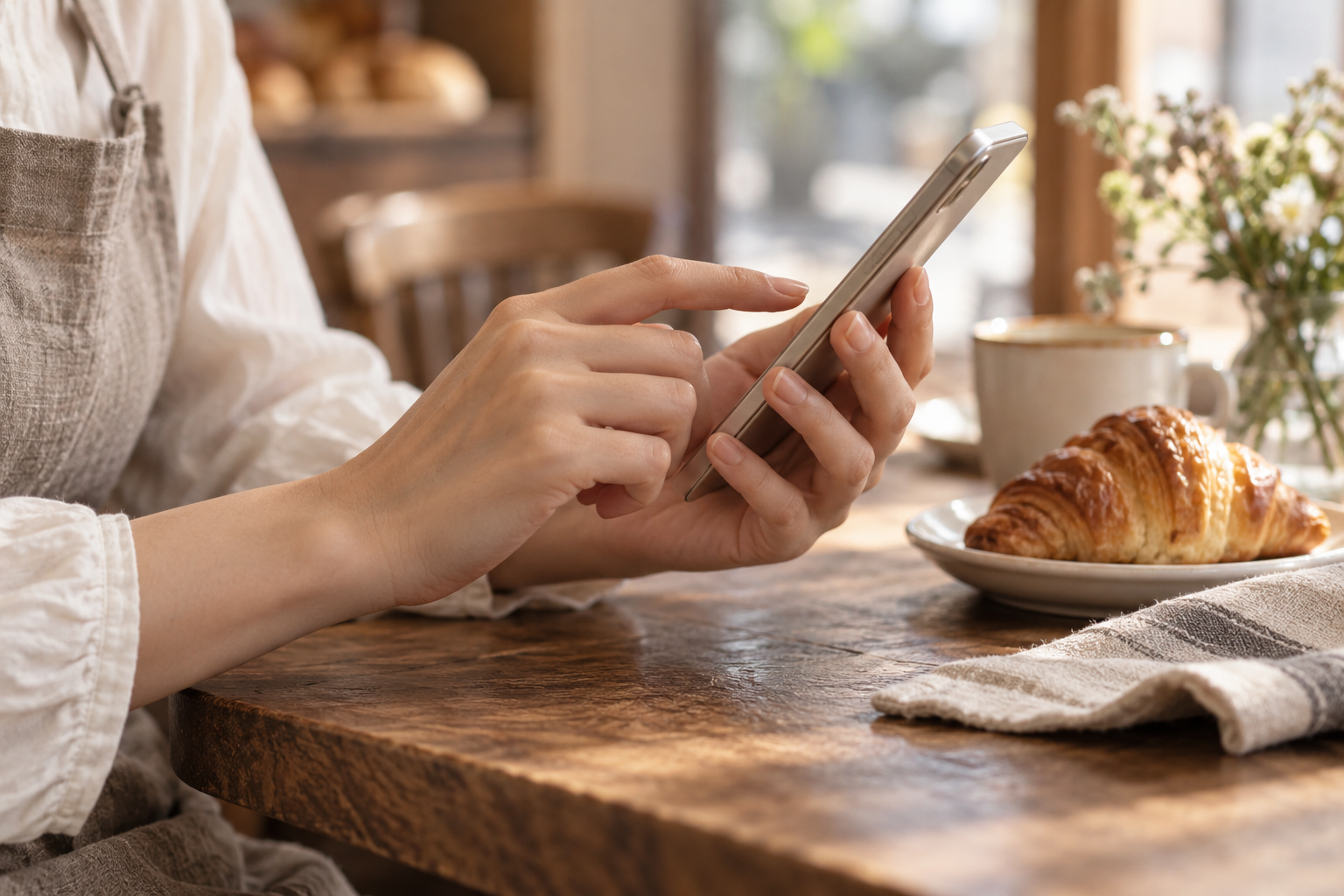 投稿作業をイメージしたスマートフォンを操作する手元