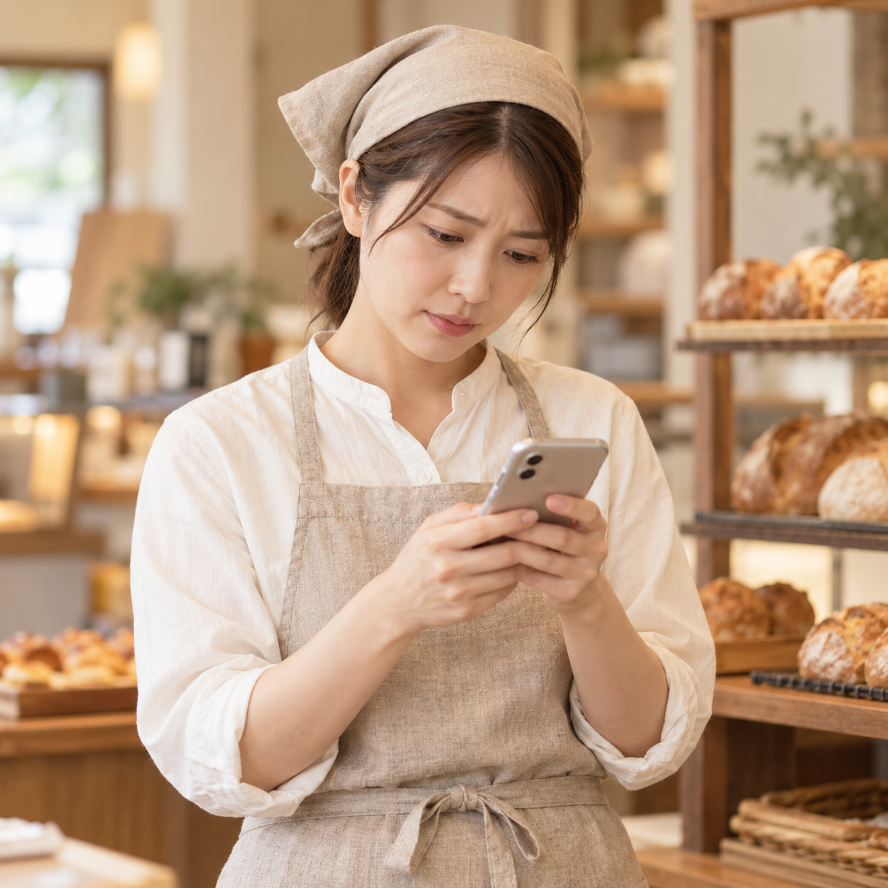 スマートフォンを見ながら少し考え込むパン屋スタッフのイメージ