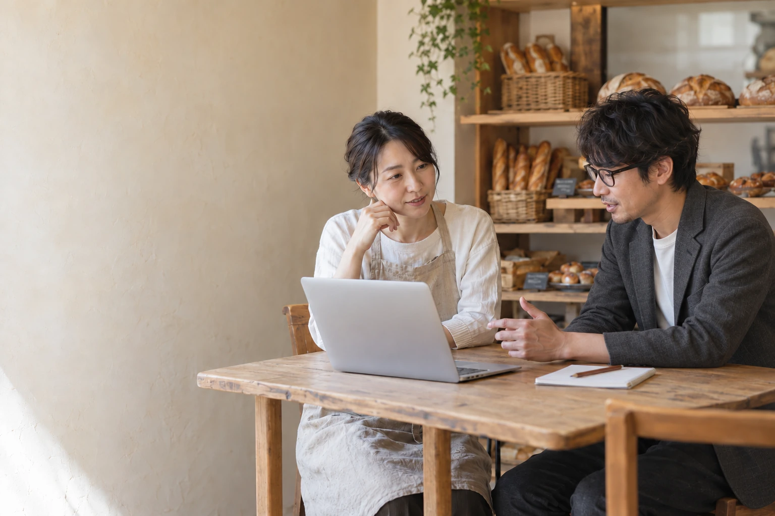 パン屋さんの店内で、お店の方とメガネ・ジャケット姿の担当者が、ノートパソコンを見ながら話し合う面談風景