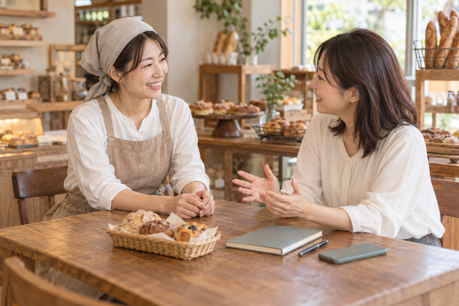 パン屋のスタッフと相談担当者が話すイメージ