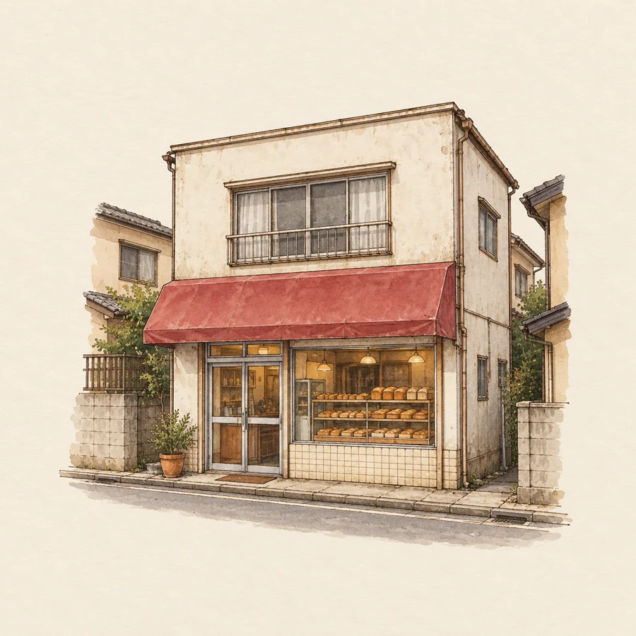 住宅街にある、赤茶のひさしが目印の小さなパン屋の挿絵